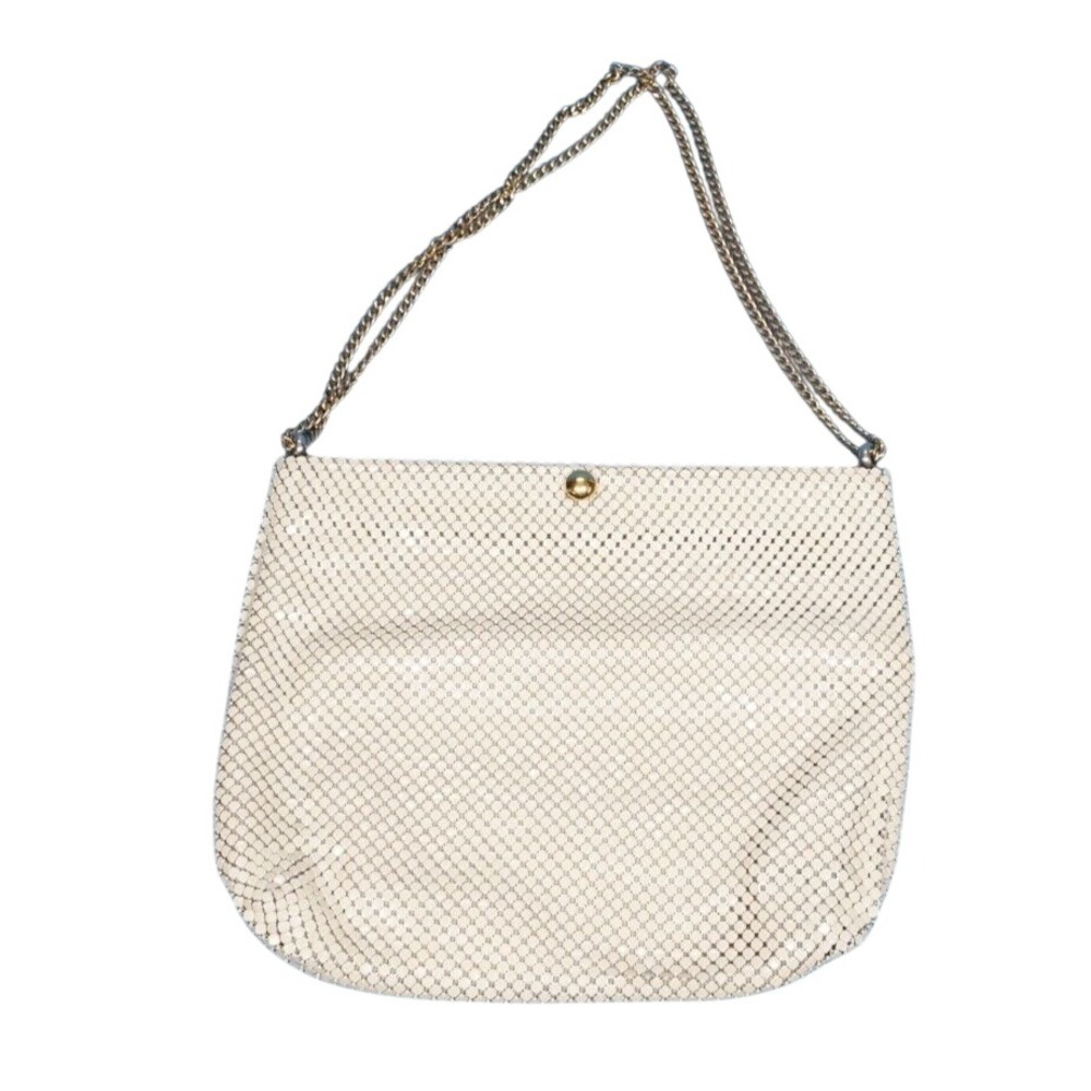 VTG Whiting & Davis METAL MESH PURSE BAG Ivory Color w/Gold Chain SPRING FRAME